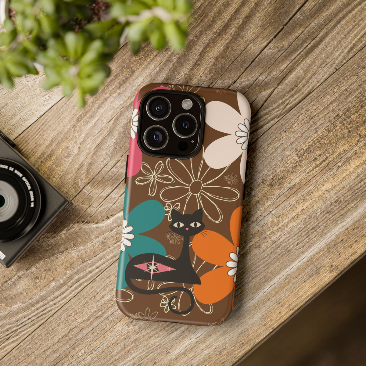 Atomic Cat Retro 70s Vibe Flower Power Tough Cases: Cute Floral and Cat Phone Case for Cat Lovers