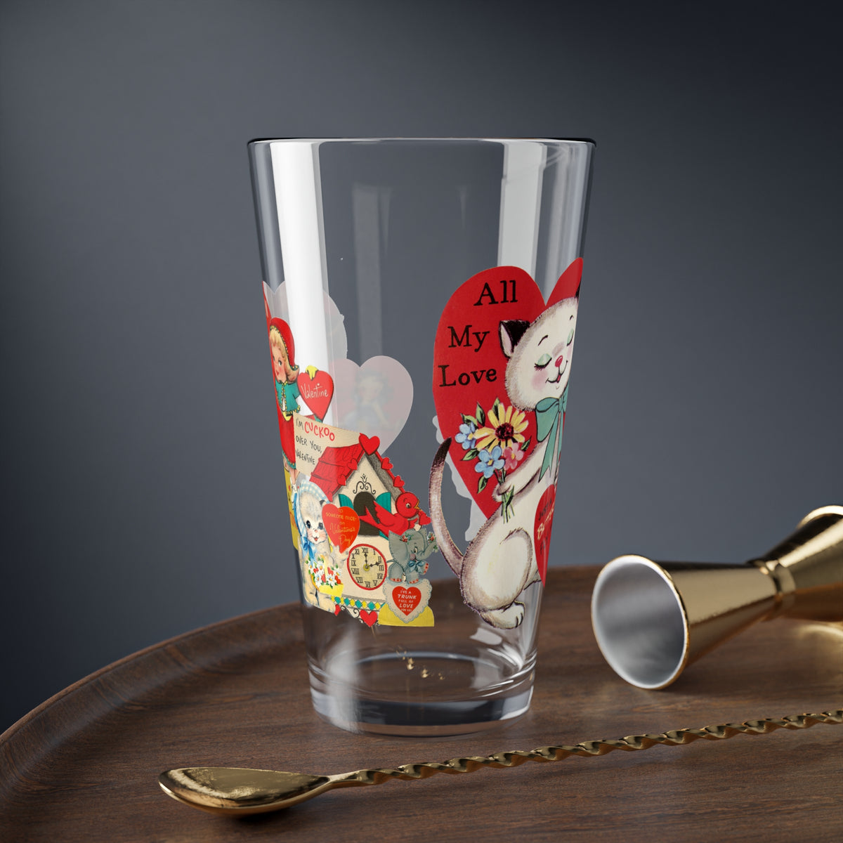 Vintage Valentine Collaged-Inspired Valentine's Mixing Glass - 16oz - Perfect for Love Celebrations - Mid Century Modern Gal