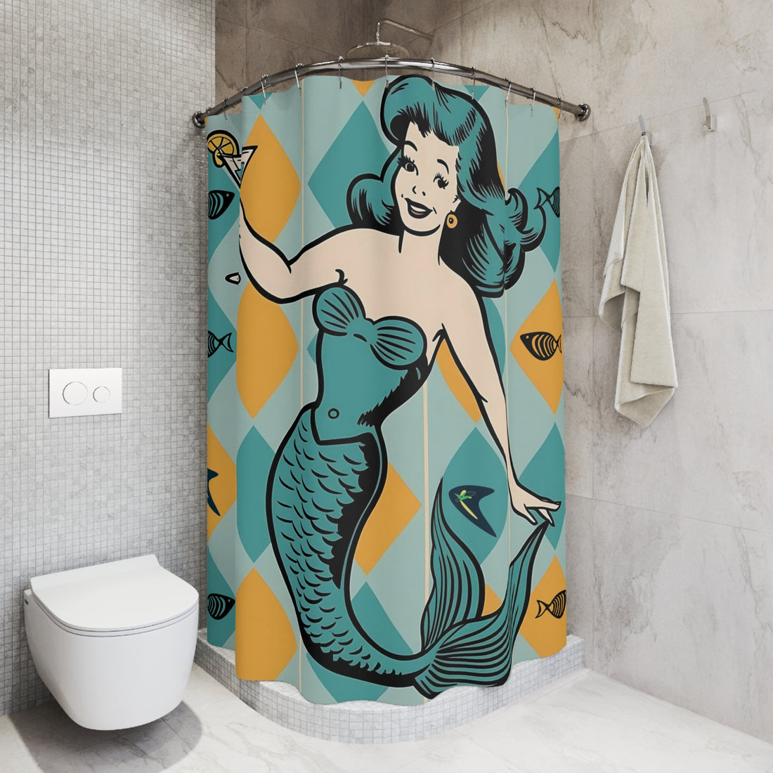 Retro Mermaid Kitschy Mod Shower Curtain - Vintage Art Decor for Nautical Bathrooms - Mid Century Modern Gal