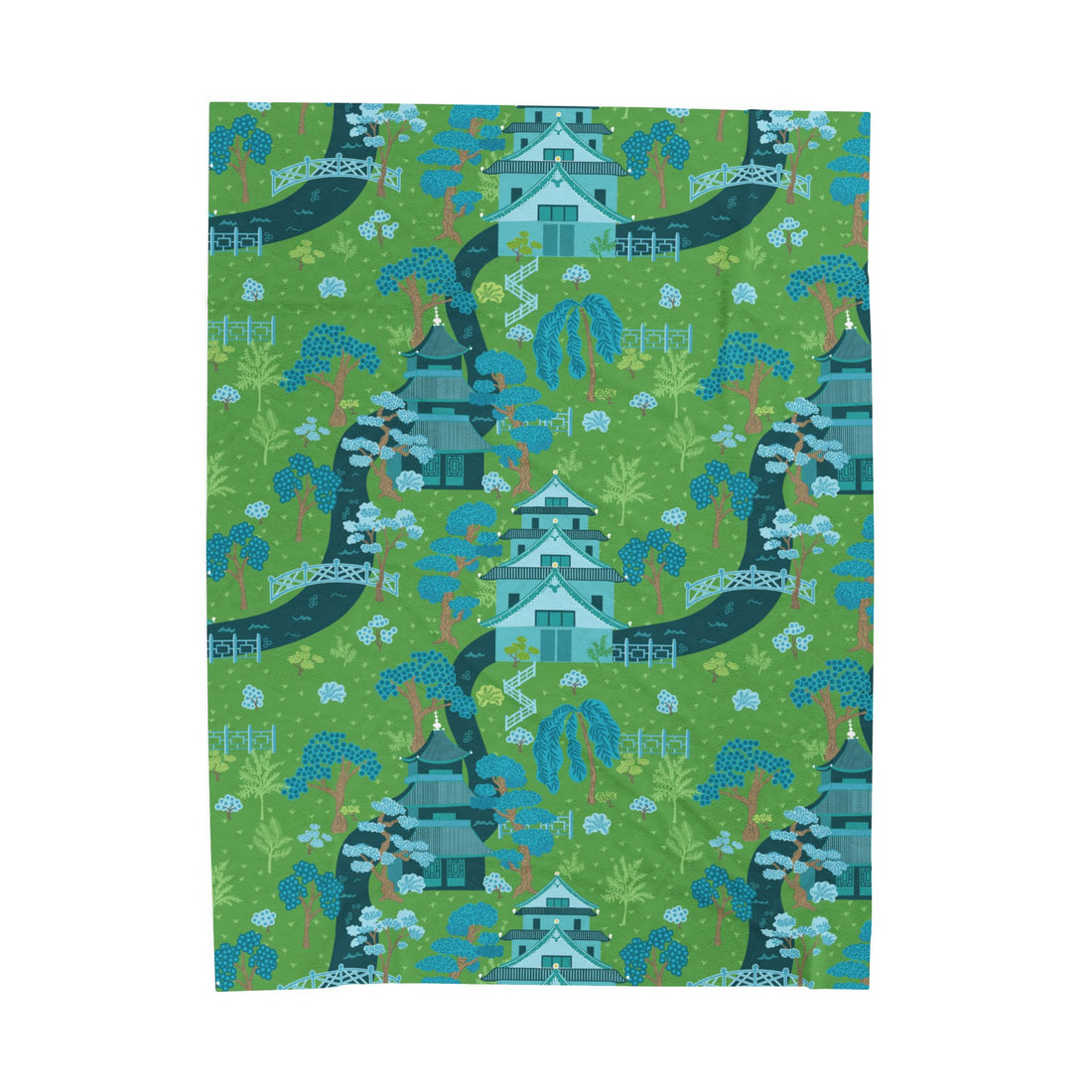 Chinoiserie Throw Blanket, Green, Blue Serene Garden Velveteen Plush Blanket - Cozy Floral Design - Mid Century Modern Gal
