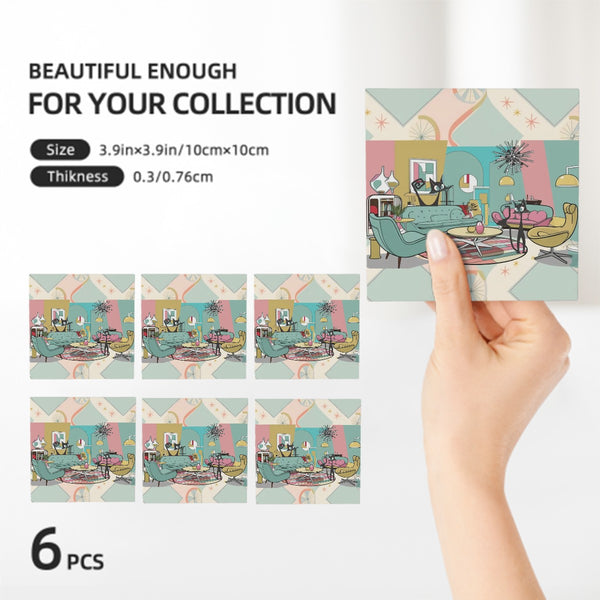 Atomic Cat, Mid Century Modern Quirky Kitschy Cats Square Ceramic Coasters Set of 6