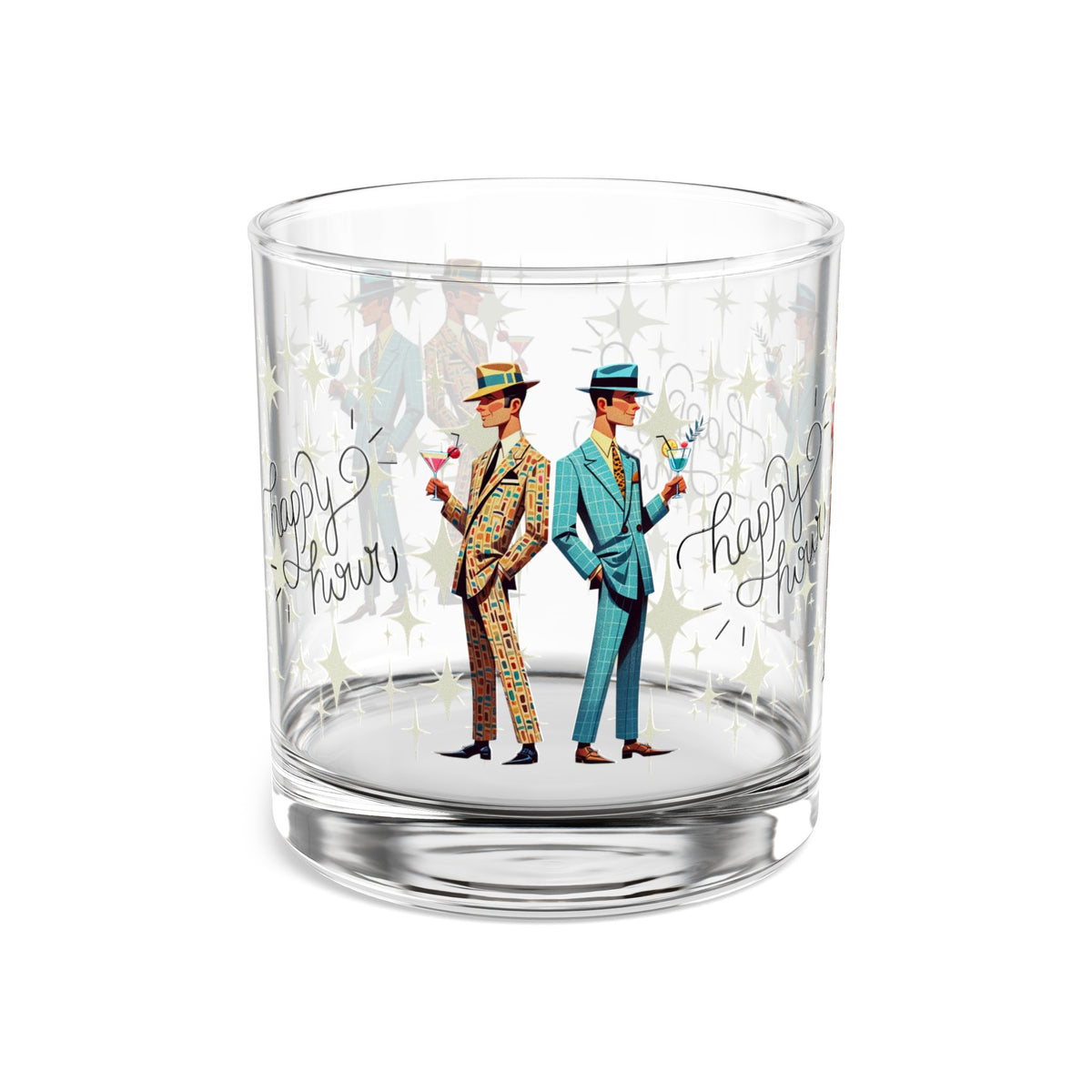 Mid Century Dapper Dudes, Gay Male Couple, Atomic Starburst Happy Hour Rock Glass, 10oz - Mid Century Modern Gal