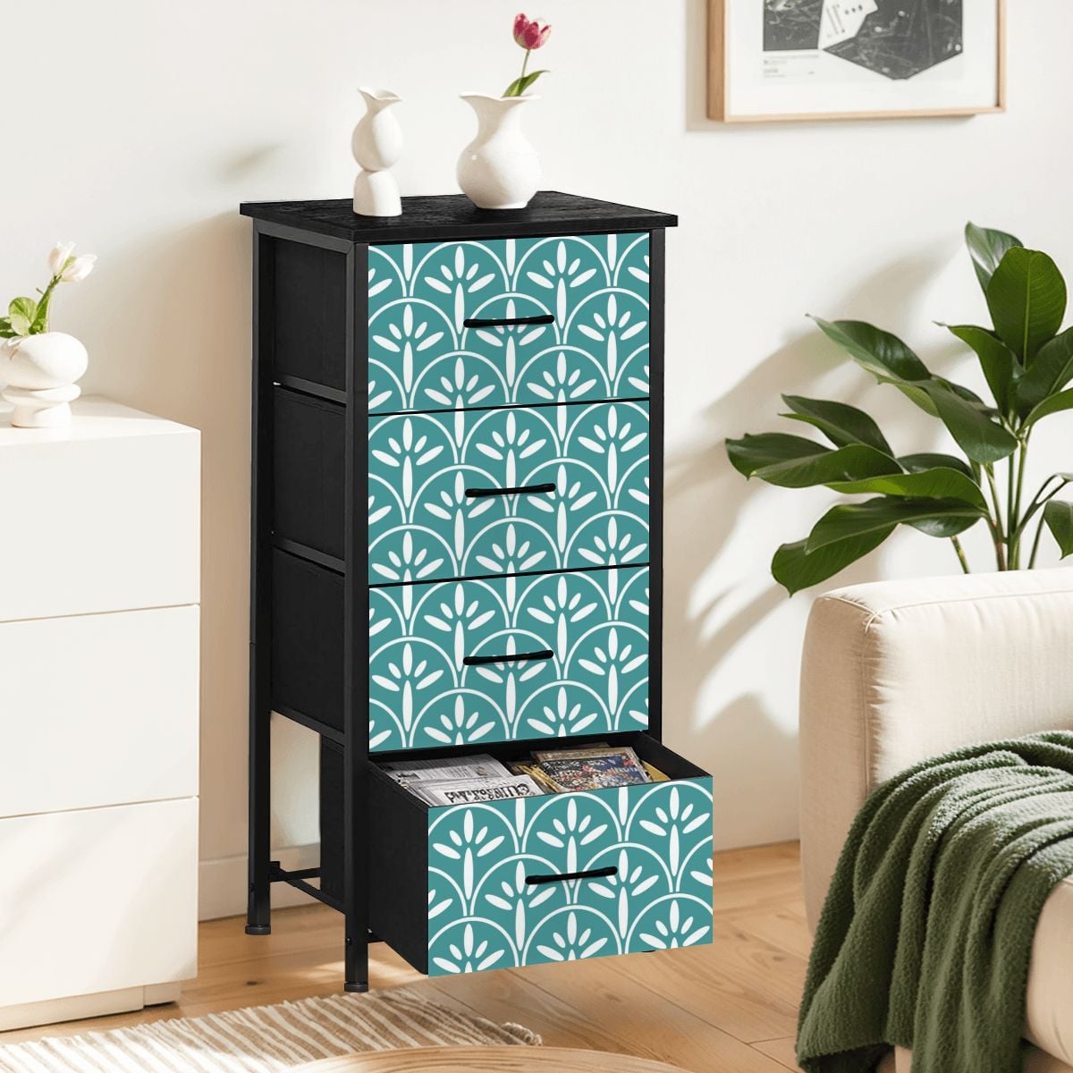 Mid Century Modern Stylish Art Deco Blue Aqua and White MCM 4-Drawer Dresser - Mid Century Modern Gal