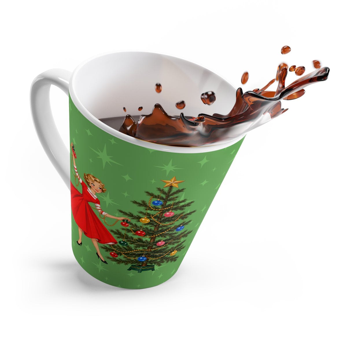 Mid Century Modern Gal Decorating Christmas Tree, Green Atomic Starbursts Latte Mug