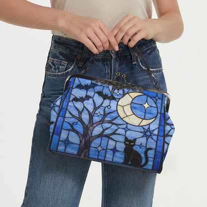 Halloween Stained Glass Style Night Sky Black Cat Kisslock Crossbody Purse