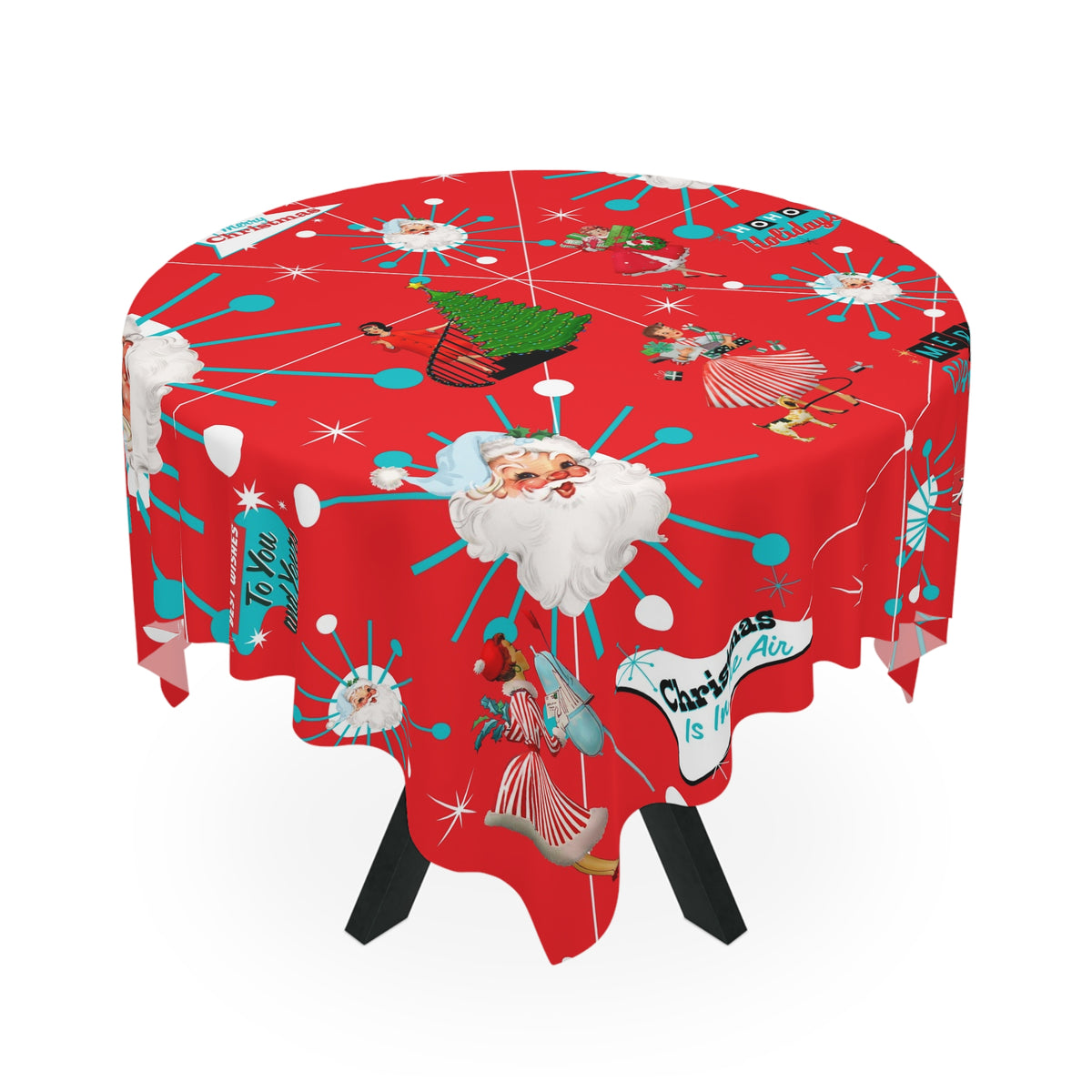 Mid Century Modern Christmas Vintage Red HolidayTablecloth - Festive Holiday Decor with Santa & Cheerful Designs - Mid Century Modern Gal