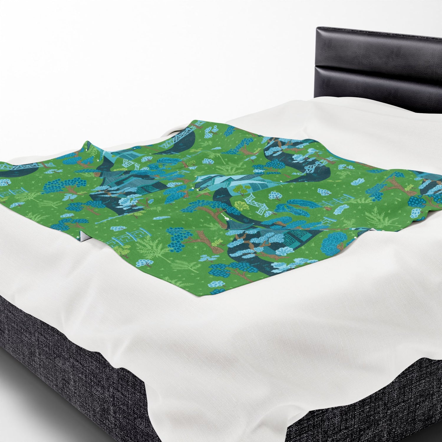 Chinoiserie Throw Blanket, Green, Blue Serene Garden Velveteen Plush Blanket - Cozy Floral Design - Mid Century Modern Gal