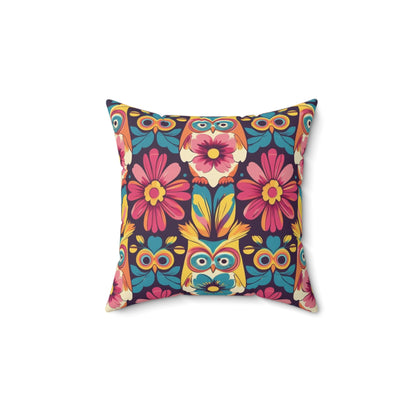 Retro Groovy Owl, Flower Power Kitschy Fall Pillow And Insert - Mid Century Modern Gal