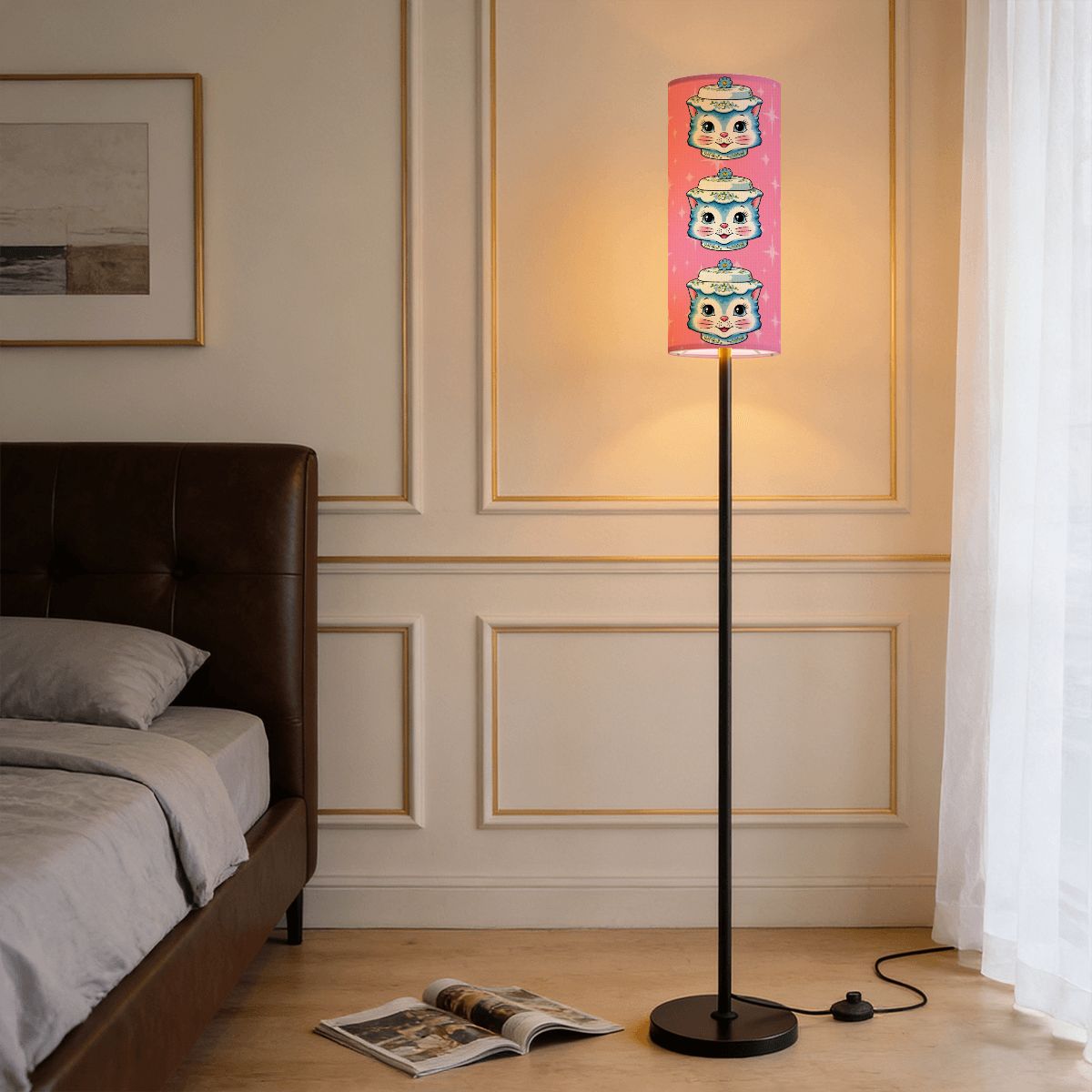 Mid Century Modern Kitschy Anthropomorphic Blue Cat with Floral Hat Slim Floor Lamp