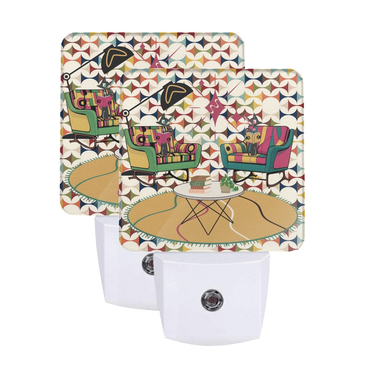 Kitschy Cute Atomic Reading Cats, Scandi Designed Retro LED Night Light Set of 2 - Mid Century Modern Gal