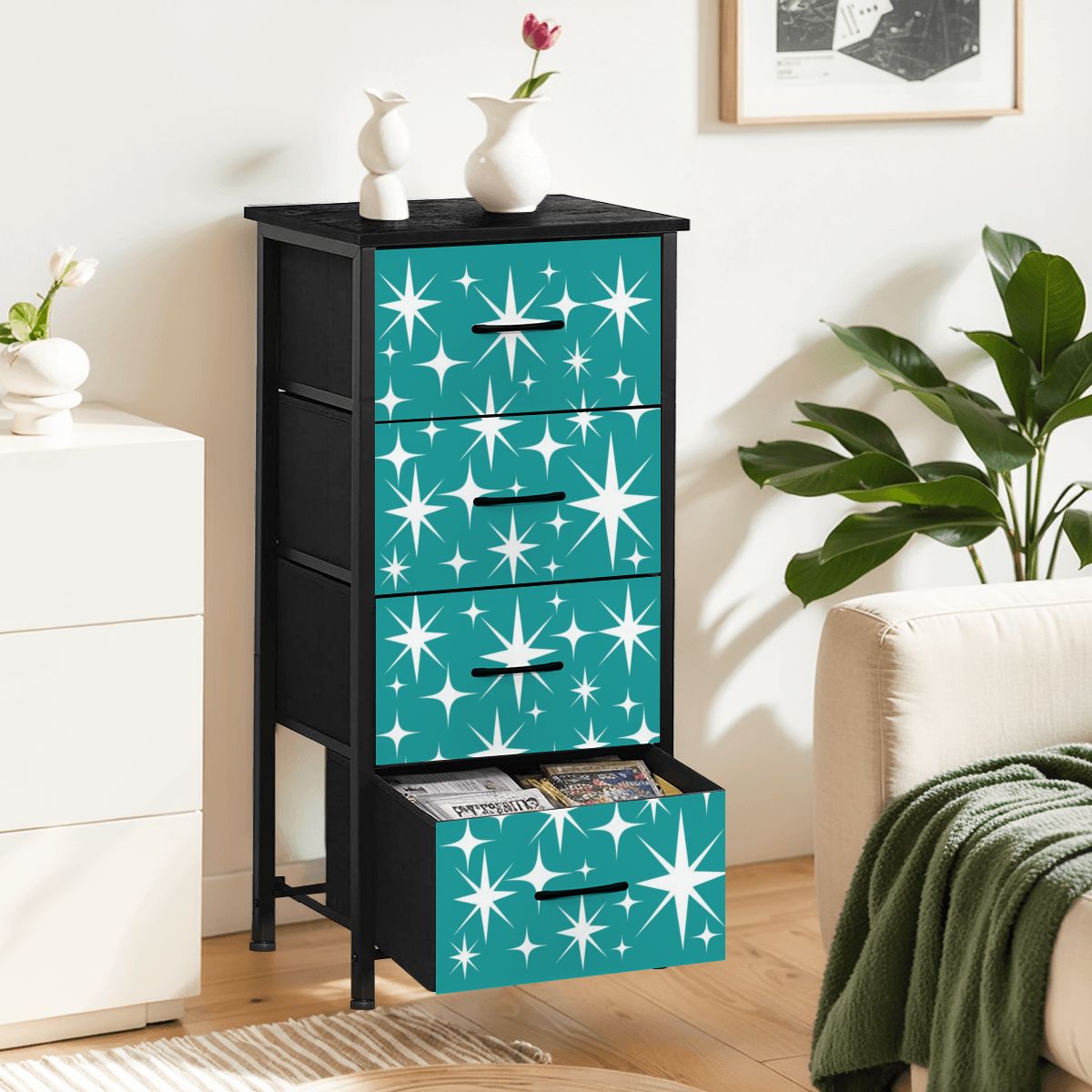 Atomic Starburst Teal White Mid Century Modern 4-Drawer Dresser - Mid Century Modern Gal