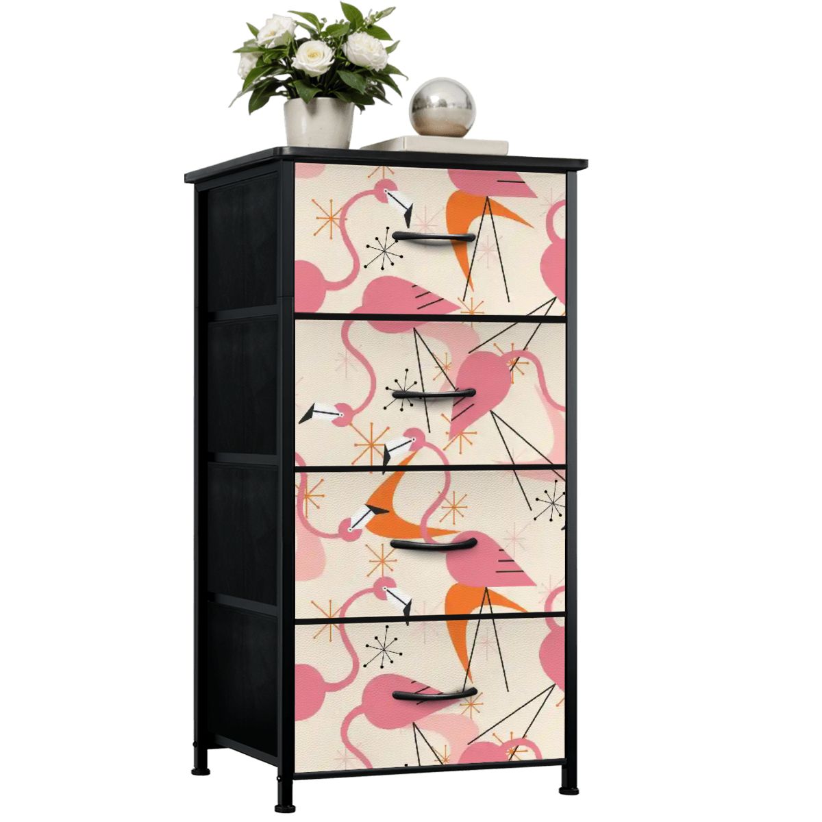 Retro Flamingo Dance Party, Kitschy Quirky Palm Spring California Tropical Flamingo 4-Drawer Dresser - Mid Century Modern Gal