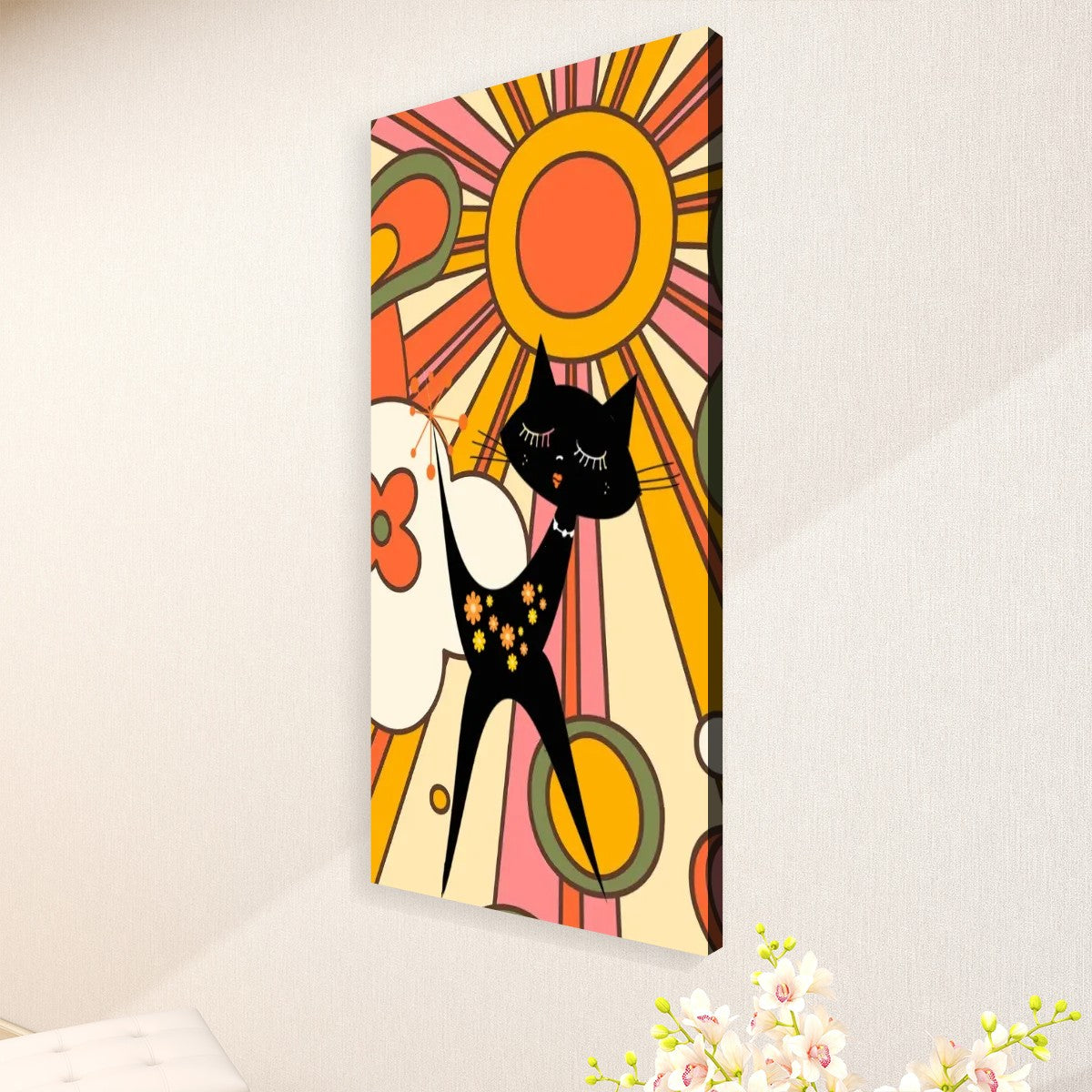 Retro Ray Of Sunshine Groovy 70s, Atomic Cat, Mid Century Modern Large Canvas Print - Mid Century Modern Gal