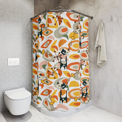 Atomic Cat Kitschy Shower Curtain, Orange Yellow Geometric MID Mod Bath Decor - Mid Century Modern Gal