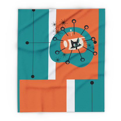 Mid Century Modern Orange Teal Atomic Space Kittie, MCM Lightweight Fleece Blanket