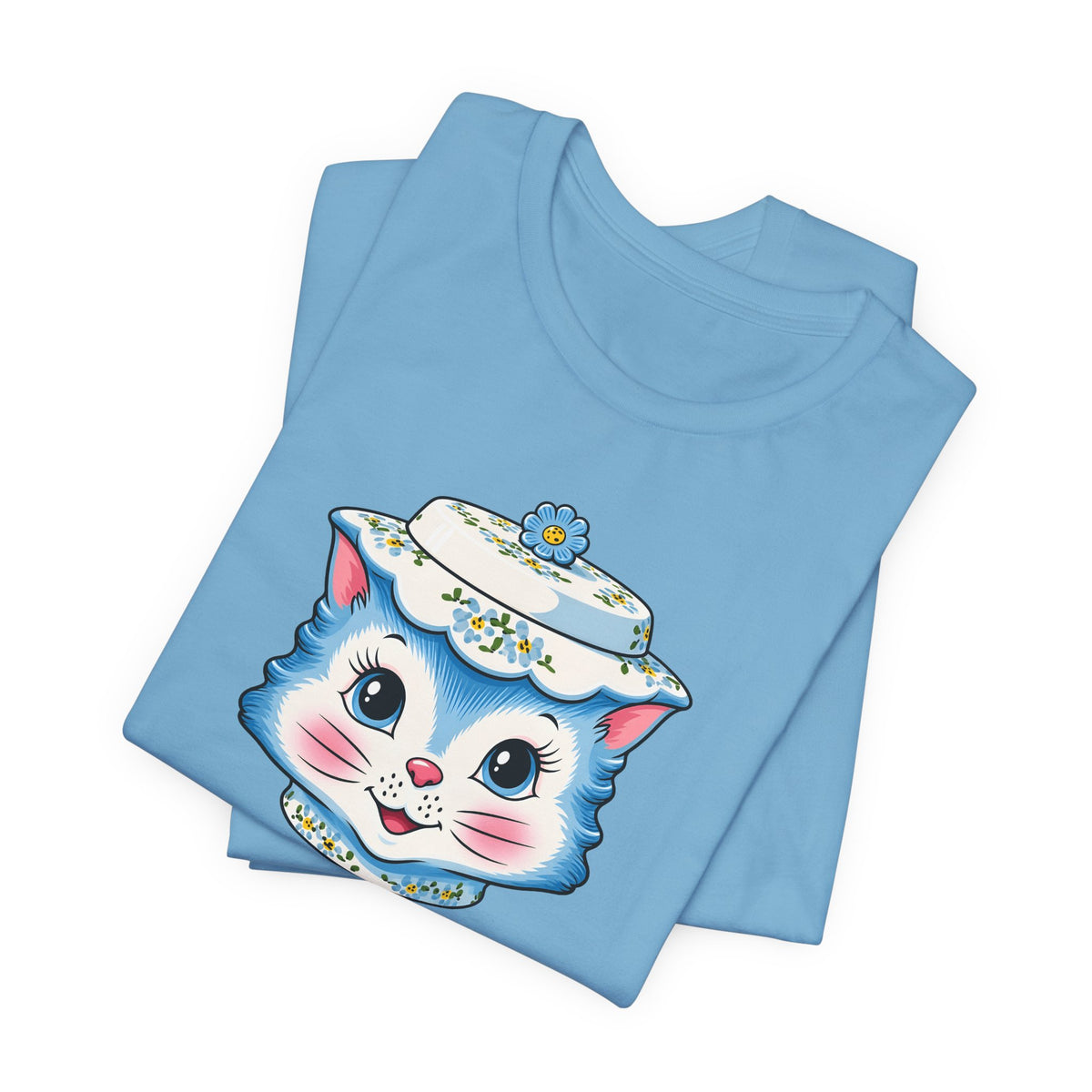 Mid Century Modern Kitschy Anthropomorphic Blue Cat with Floral Hat Unisex T-Shirt