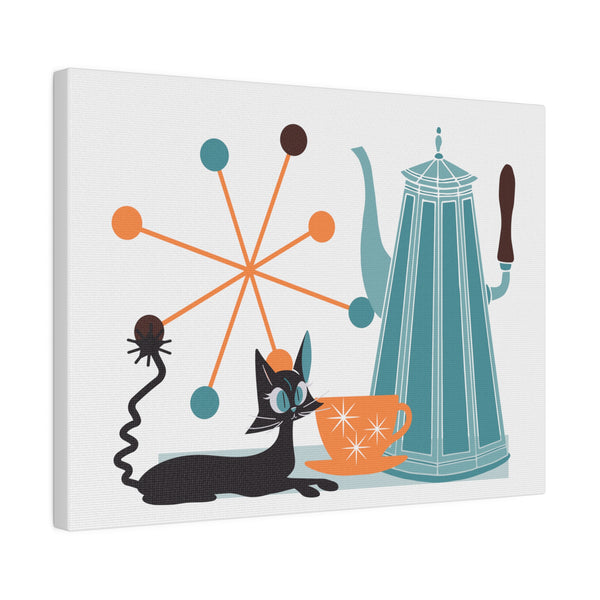 Atomic Cat Kitschy Kitchen Coffee Lover, Black Cat Lover Kitchen Mid Century Modern Wall Art