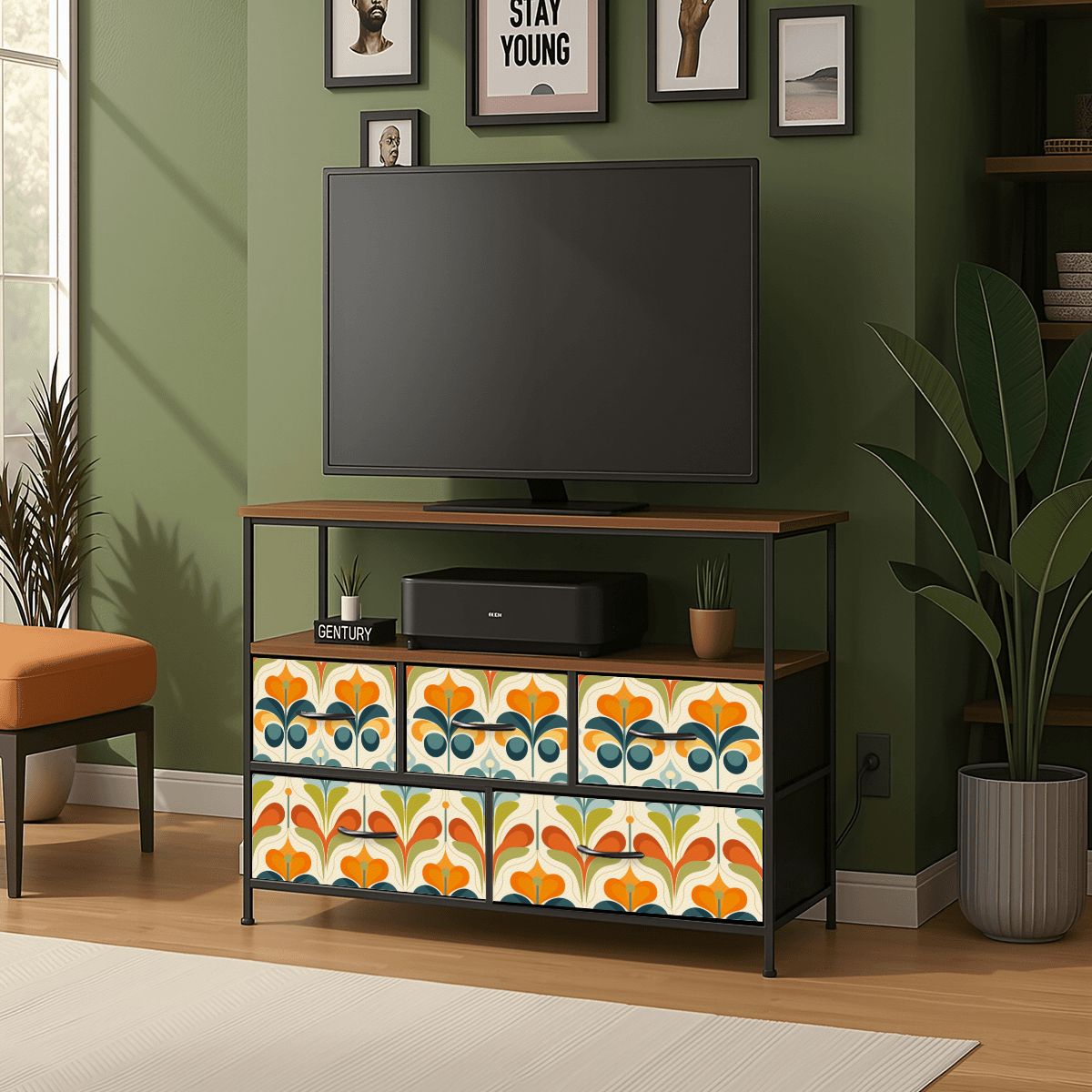 Mid Century Modern Groovy Retro Floral, Orange Green, Blue TV Stand Media Console - Mid Century Modern Gal