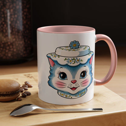 Mid Century Modern Kitschy Anthropomorphic Blue Cat with Floral Hat Accent Coffee Mug - Mid Century Modern Gal