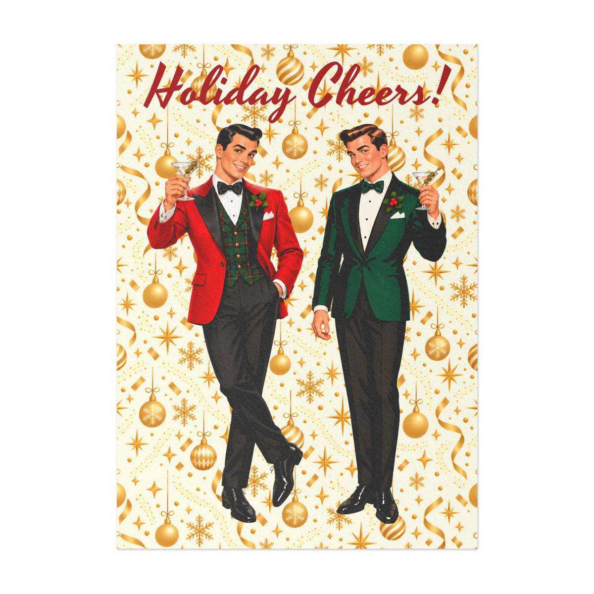 Mid Century Modern Christmas Martini Dapper Gay Male Couple Flat Postcard Style Christmas Greeting Cards