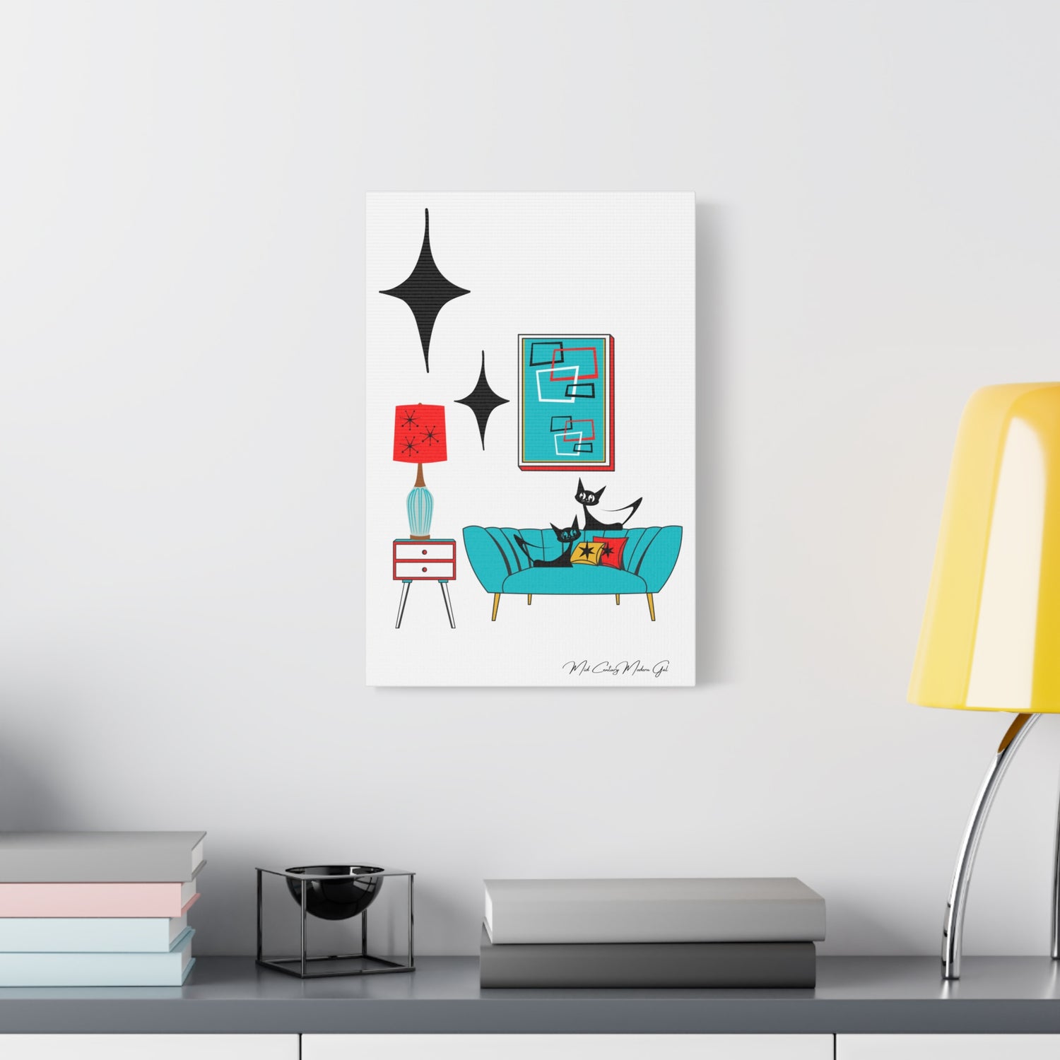 Mid Century Modern Wall Art, Atomic Cat Living Room Retro. Teal Blue, Red, Black Canvas Art - Mid Century Modern Gal