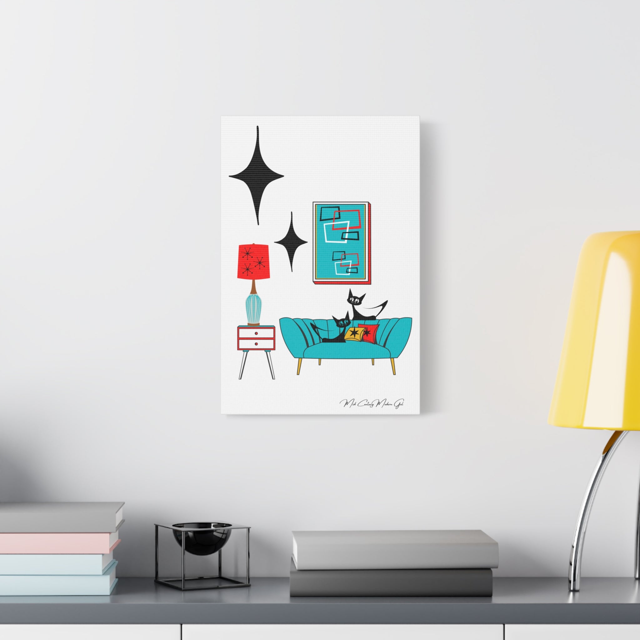 Mid Century Modern Wall Art, Atomic Cat Living Room Retro. Teal Blue, Red, Black Canvas Art - Mid Century Modern Gal