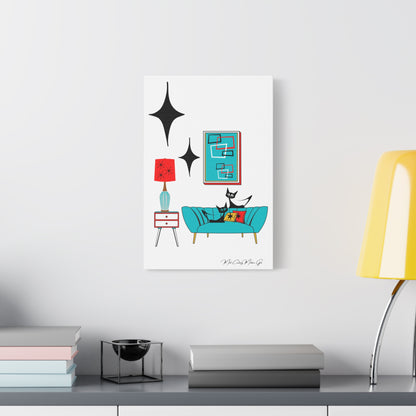 Mid Century Modern Wall Art, Atomic Cat Living Room Retro. Teal Blue, Red, Black Canvas Art - Mid Century Modern Gal