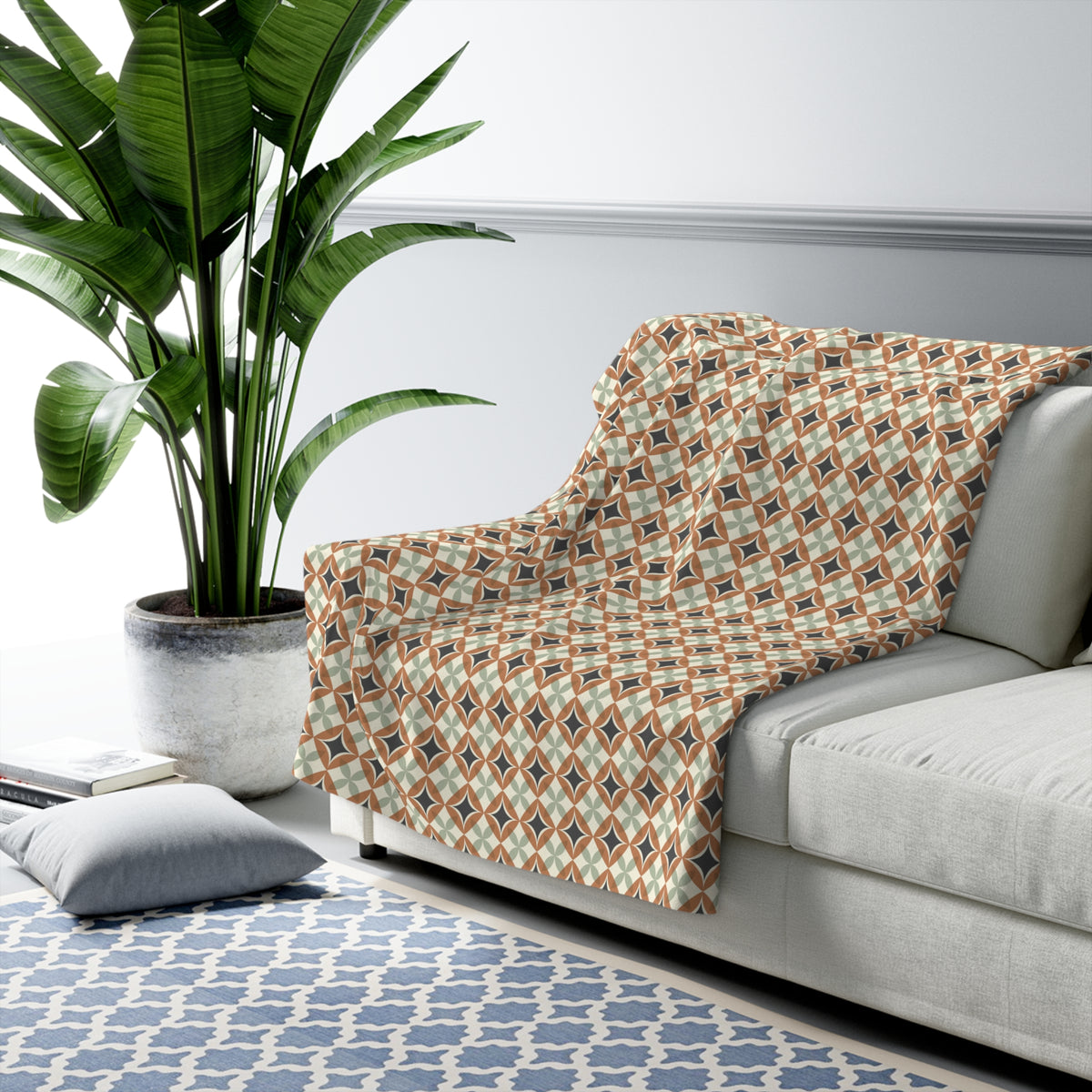 Mid Century Modern Interlocking Geometric, Terracotta Sage Charcoal Sherpa Fleece Blanket - Mid Century Modern Gal