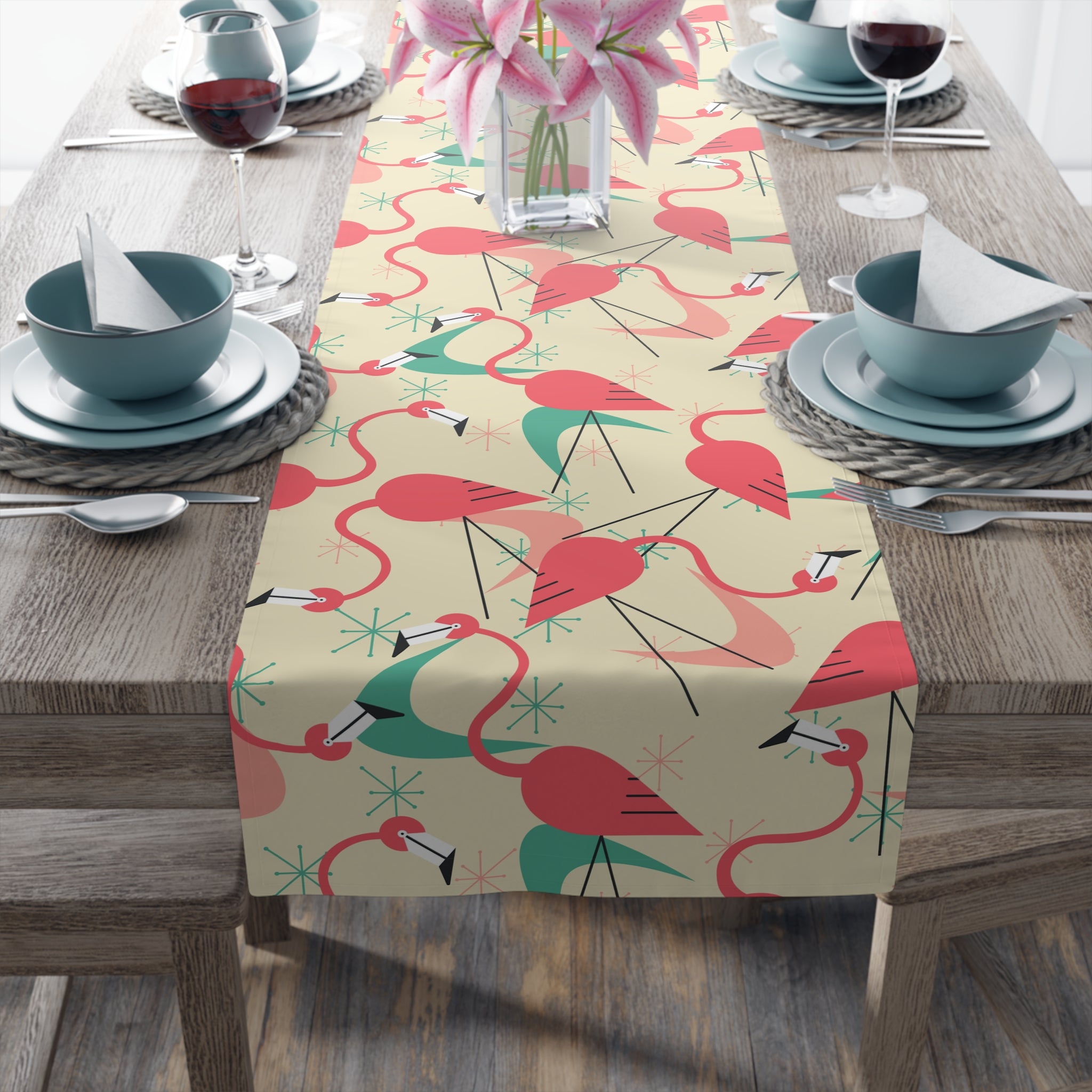 Retro Kitschy Tropical Flamingo Summer Vibes, Palm Spring California Table Runner for Summer Parties &amp; Home Decor - Mid Century Modern Gal