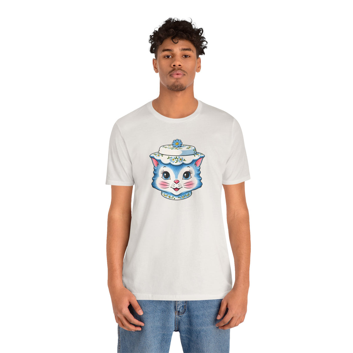 Mid Century Modern Kitschy Anthropomorphic Blue Cat with Floral Hat Unisex T-Shirt