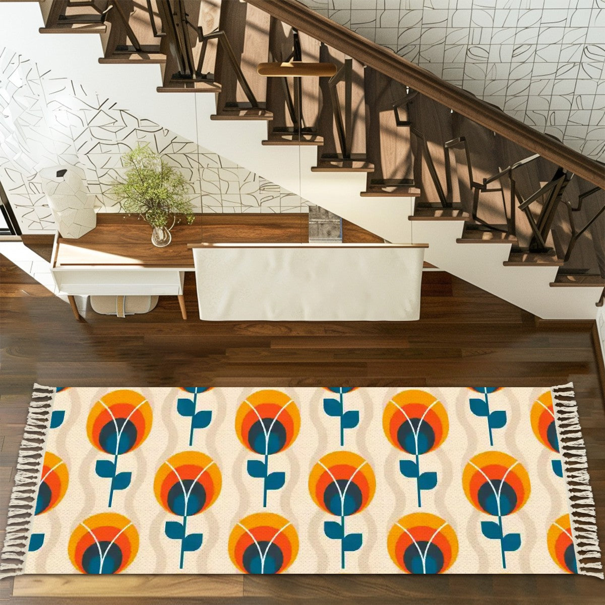 Mid Century Modern Floral Scandinavain Flower Orange Blue Rug Runner