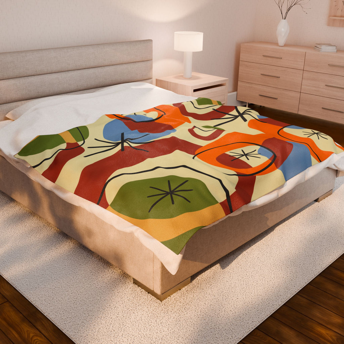Retro Geo Pattern THIN Cozy, Warm Mid Century Modern Groovy Green, Orange, Blue, Black, Light Beige Background Velveteen Plush Blanket - Mid Century Modern Gal