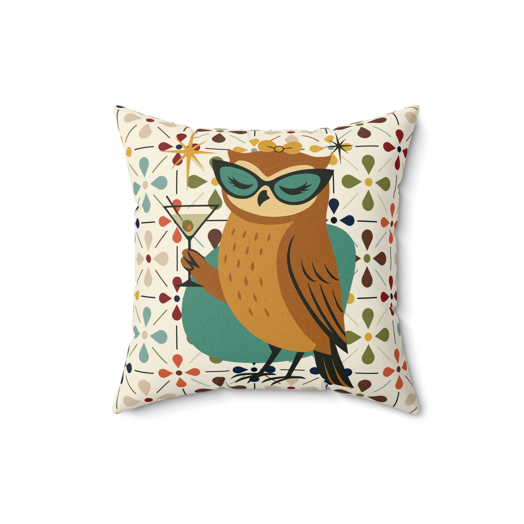 Modern Scandinavian Floral Cocktail Owl, Kitschy Mod Pillow And Insert - Mid Century Modern Gal