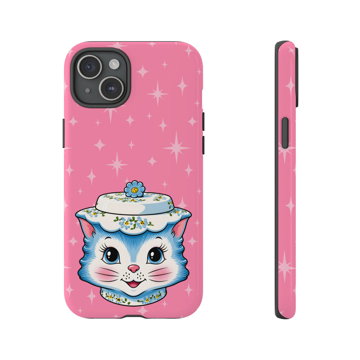 Mid Century Modern Kitschy Anthropomorphic Blue Cat with Floral Hat Tough Phone Case