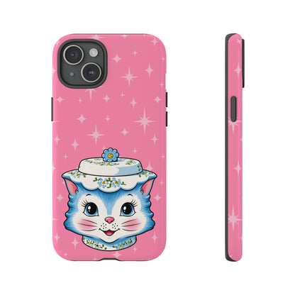 Mid Century Modern Kitschy Anthropomorphic Blue Cat with Floral Hat Tough Phone Case