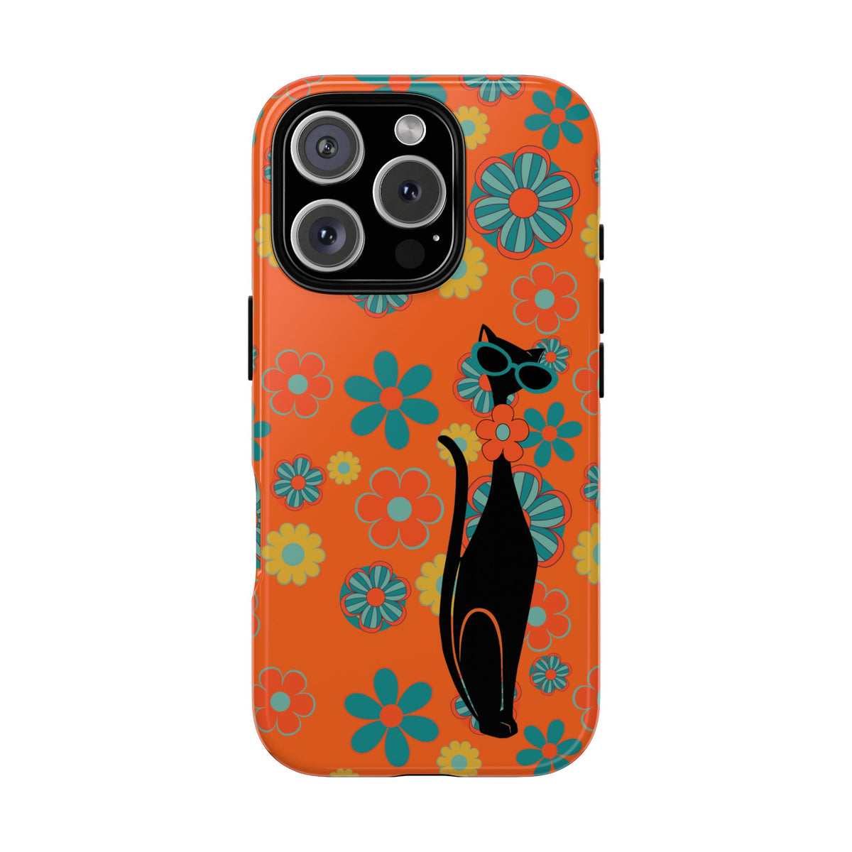 Flower Power, Retro Groovy Atomic Cat, Hipster Style Orange Samsung Galaxy and Google Pixel Tough Cases