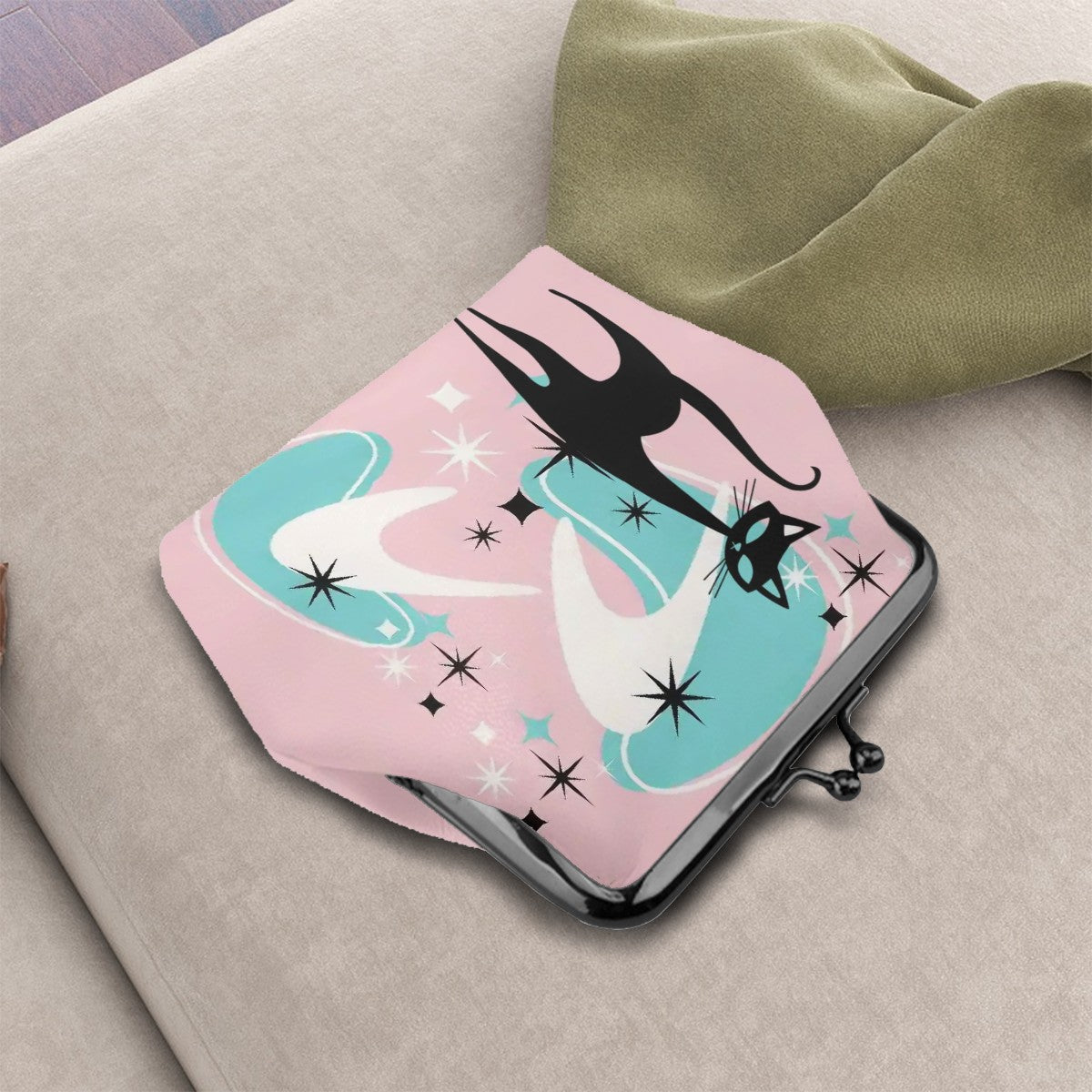 Atomic Pink Aqua Boomerang Kitschy Cat Mod Coin Purse for Women - Mid Century Modern Gal