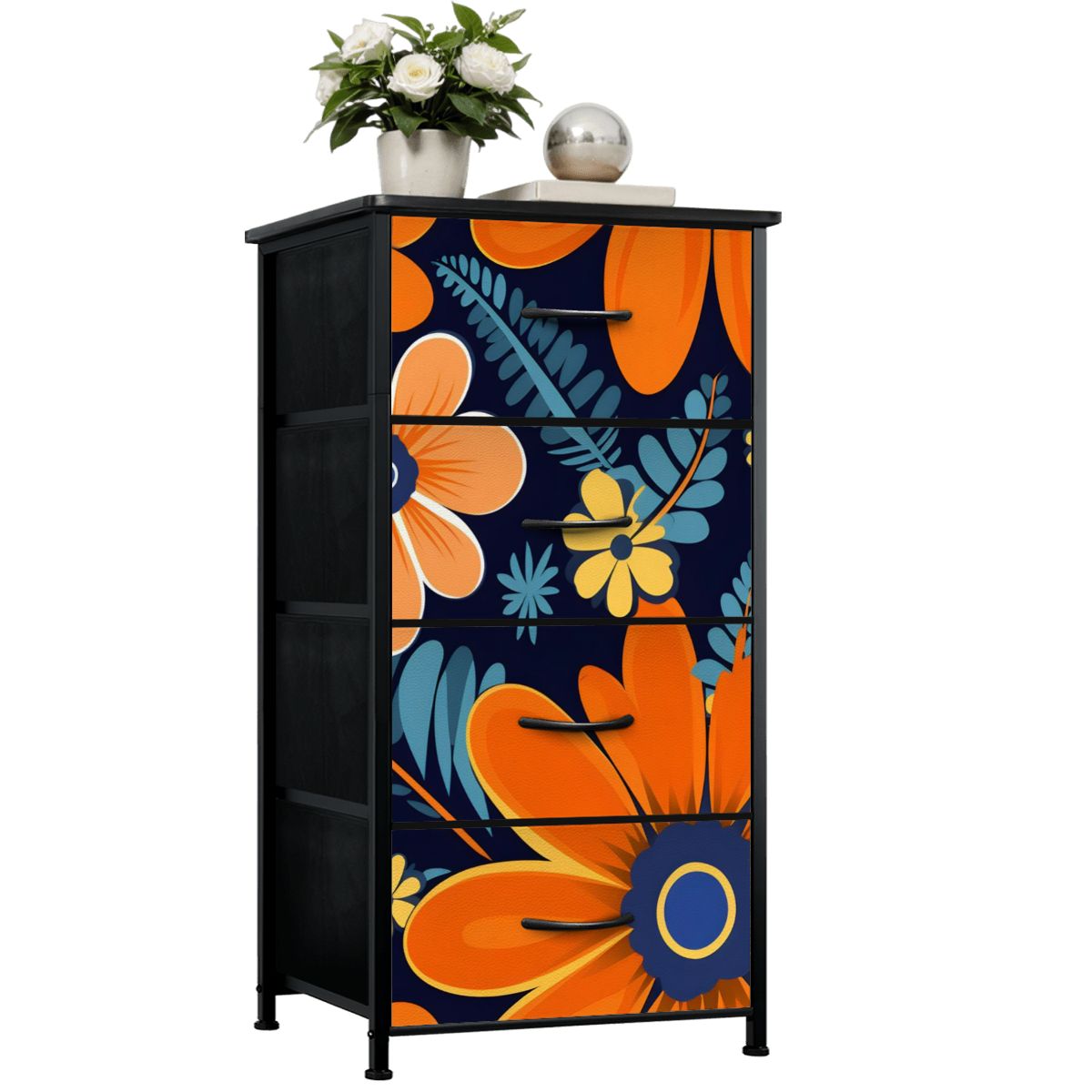 Bohemian Floral Navy Blue, Orange, Retro 4-Drawer Dresser - Mid Century Modern Gal