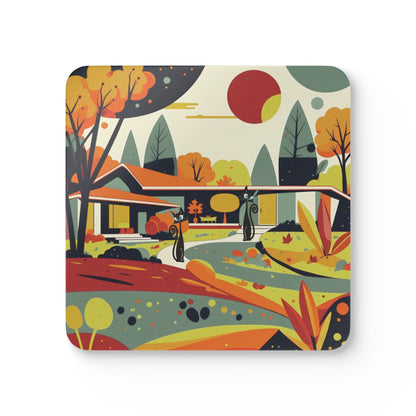 Mid Century Modern Scandinavian Floral Fall Kitschy Mod Cats Corkwood Coaster Set - Mid Century Modern Gal