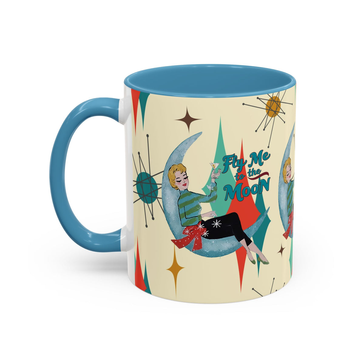 Mid Century Modern Retro Christmas Mug,  'Fly Me to the Moon' Accent Coffee Mug - Vintage Vibe for Coffee Lovers - Mid Century Modern Gal