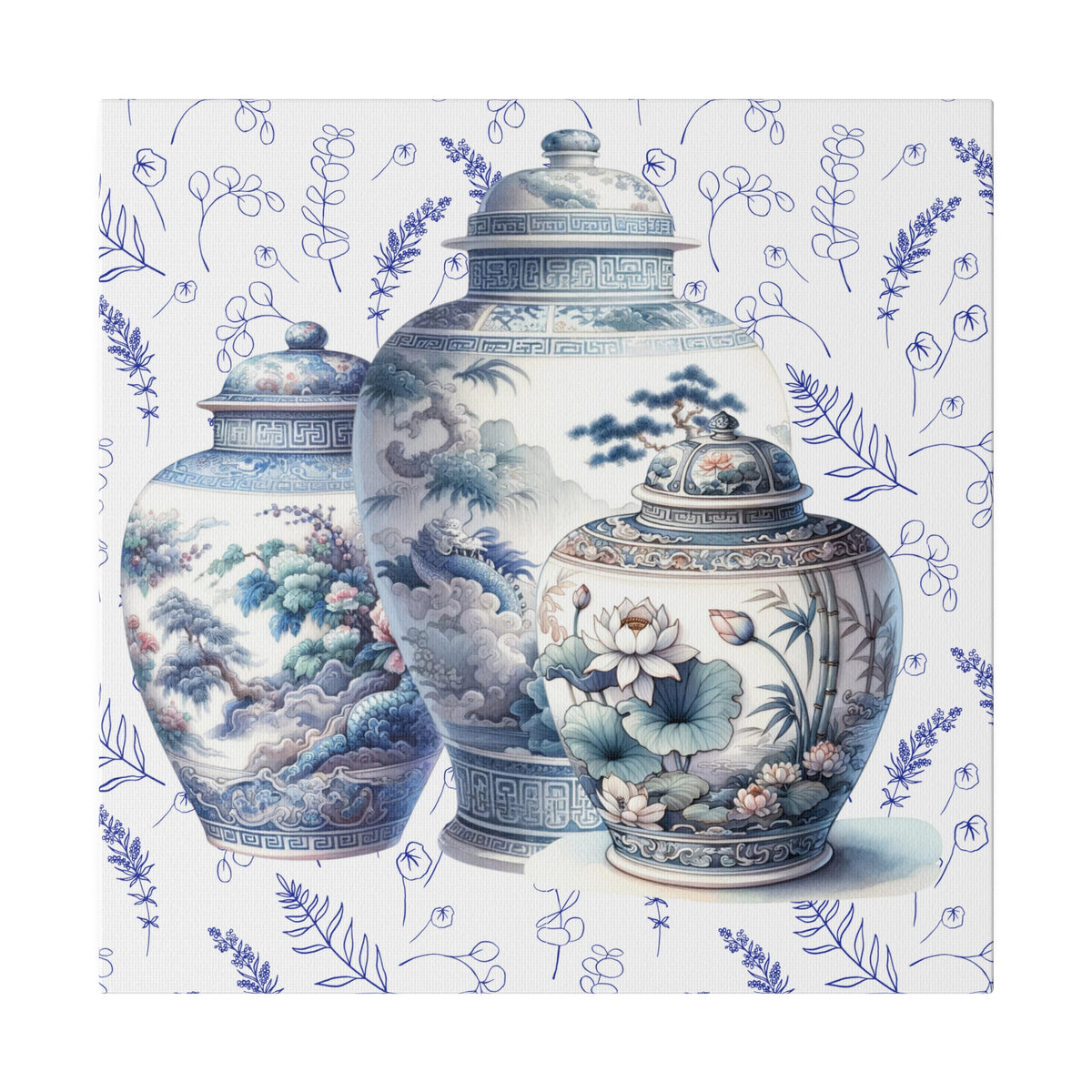 Chinoisere Wall Art, Set Of Three Ginger Jars In Watercolor, Pastels, Southern Home Living, Matte Canvas - Mid Century Modern Gal