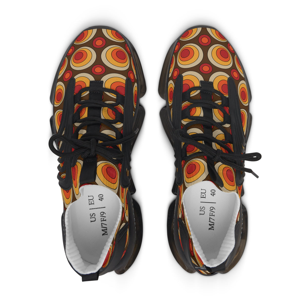 Retro Groovy Orbs, Brown, Orange Yellow Hip Style Women's Mesh Sneakers with Colorful Design - Mid Century Modern Gal
