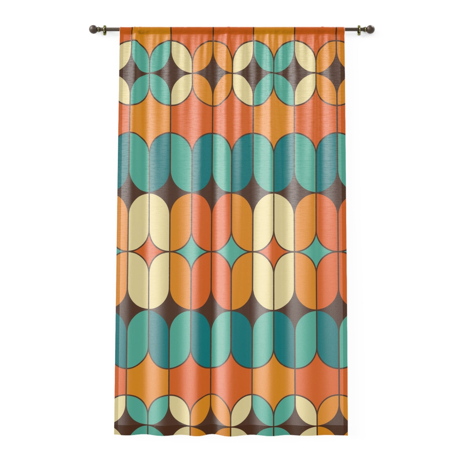 Mid Mod Geometric Bold Beautiful, Orange Teal, Sheer Atomic Living Window Curtain - Mid Century Modern Gal