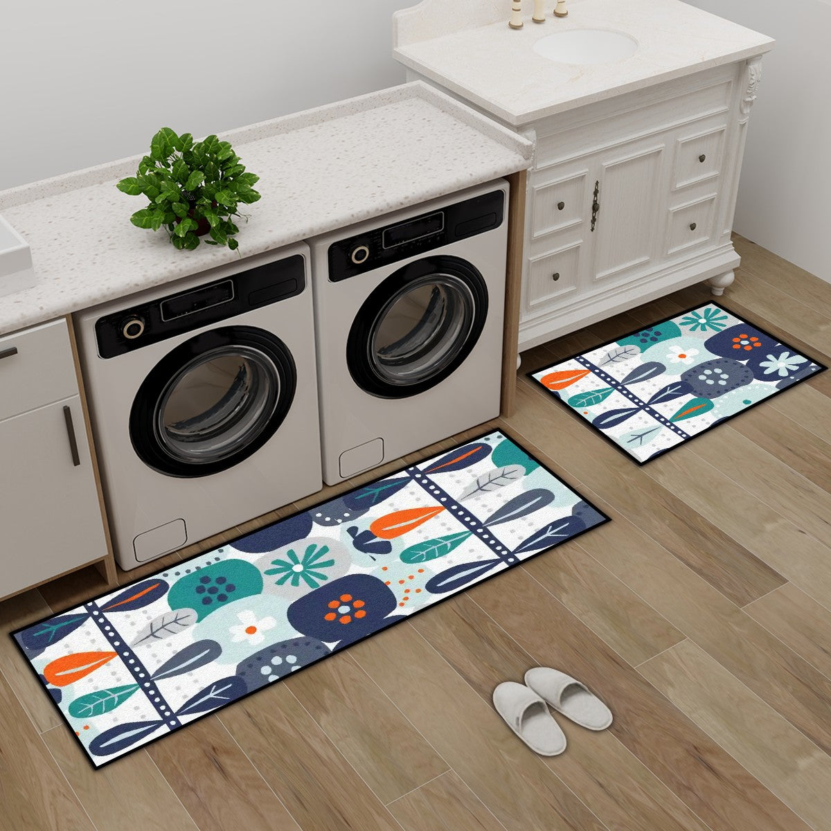 Mid Mod Scandinavian Floral Blue White Orange Retro Kitchen Area Rug Set for Floor Non-Slip Washable - Mid Century Modern Gal