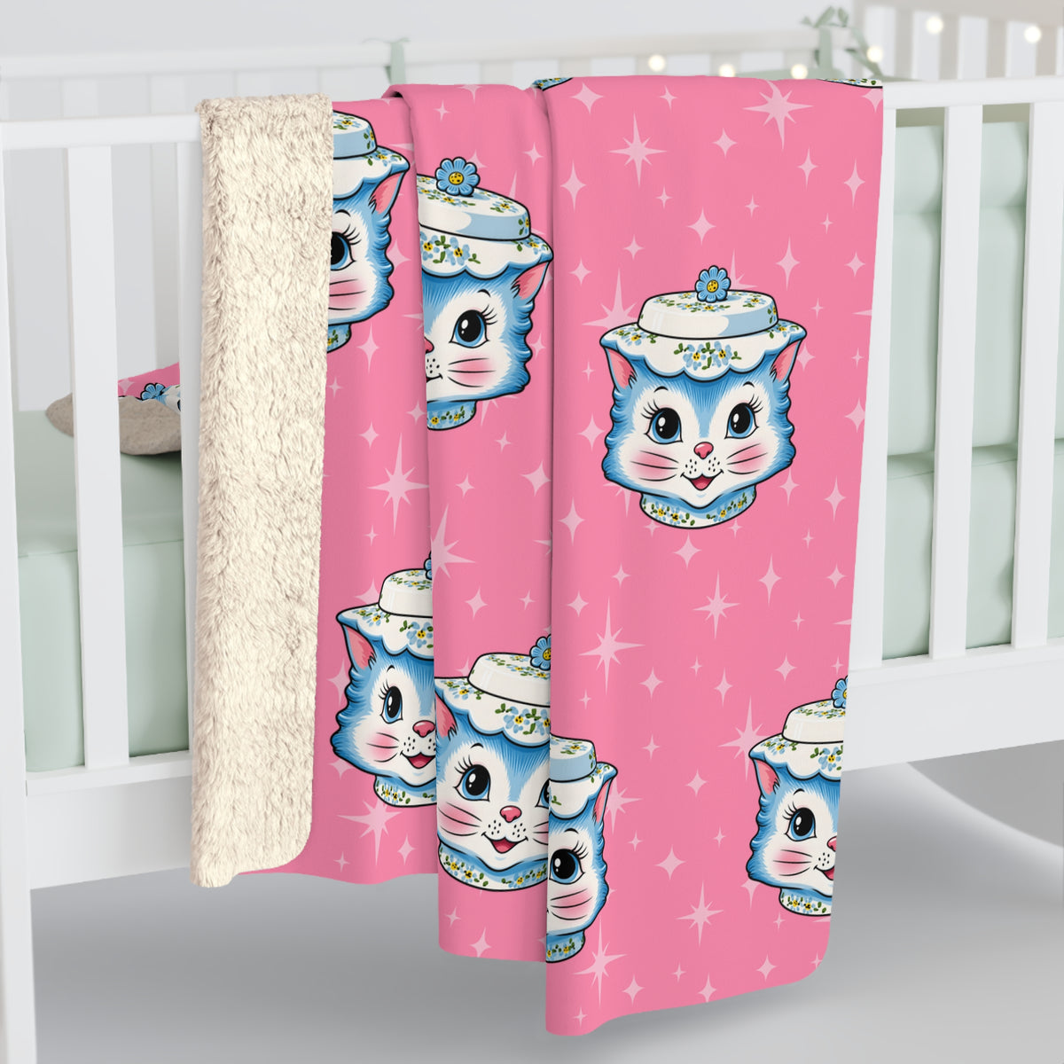 Mid Century Modern Kitschy Anthropomorphic Blue Cat with Floral Hat Sherpa Fleece Blanket - Mid Century Modern Gal