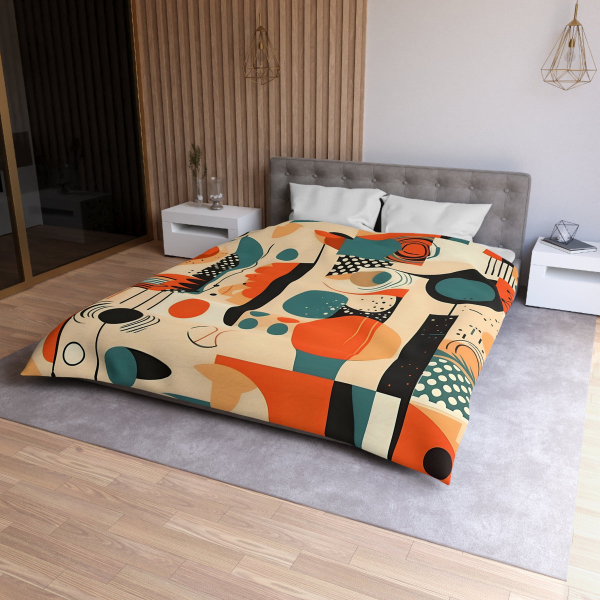 Mid Mod Bauhaus Teal, Orange Abstract Geometric Duvet Cover - Mid Century Modern Gal