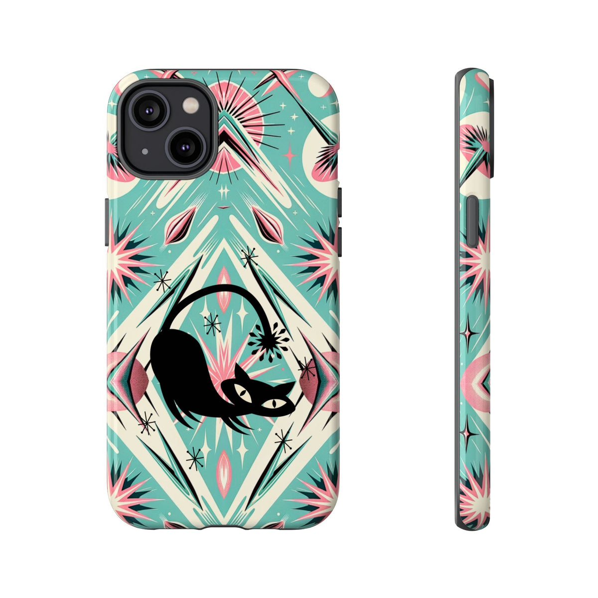 Atomic Cat, Mid Century Modern Aqua Blue, Pink, Starbursts Tough Phone Case
