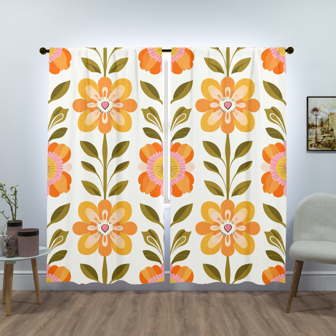 Scandinavian Mid Century Modern Pretty Floral Modern Danish Window Curtains (two panels) - Mid Century Modern Gal