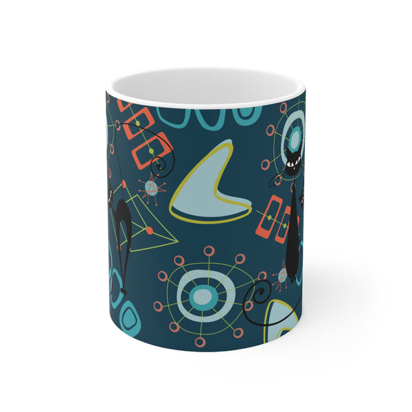 Atomic Cat Ceramic Mug, Space Age, Sputnik Designs Mid Century Modern, Blue, Aqua, Boomerangs, Coffee, Tea Drinkware