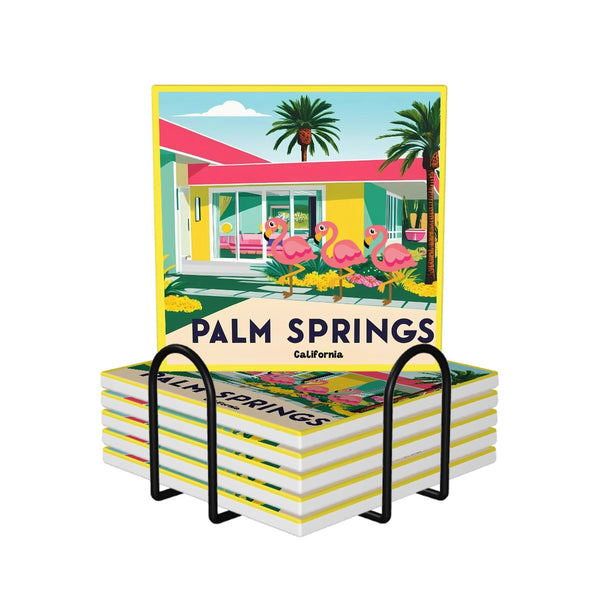 Kitschy Mod Palm Springs California Flamingo Mod Ceramic Coasters, MCM Barware Gifts